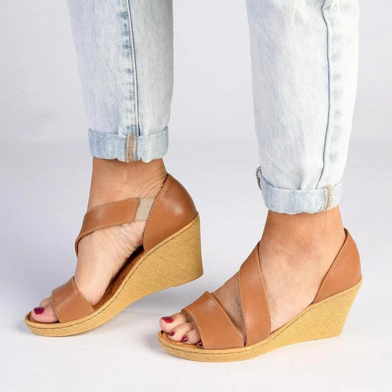 Tsonga Nompempe Leather Open Toe Wedge Sandals - Oak Cayak