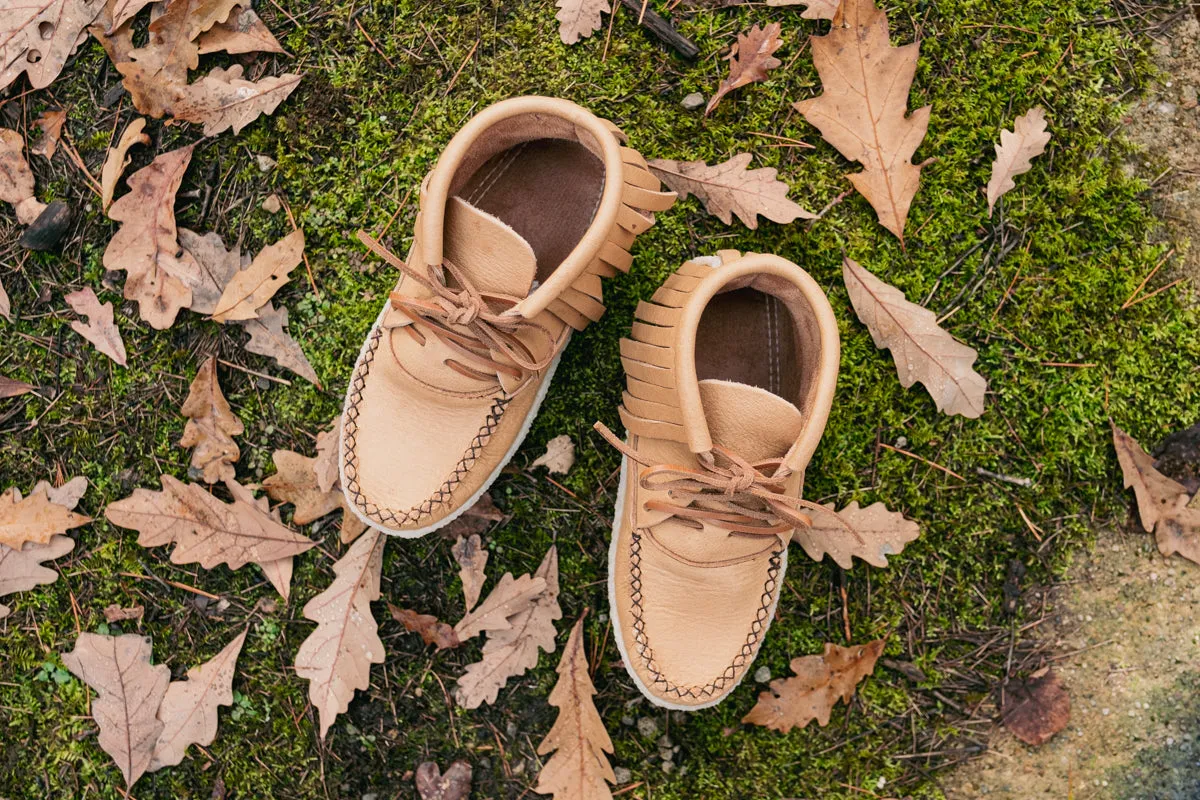 Women's Fringed Earthing Moccasin Boots with Copper Rivet Ankle Crepe Sole