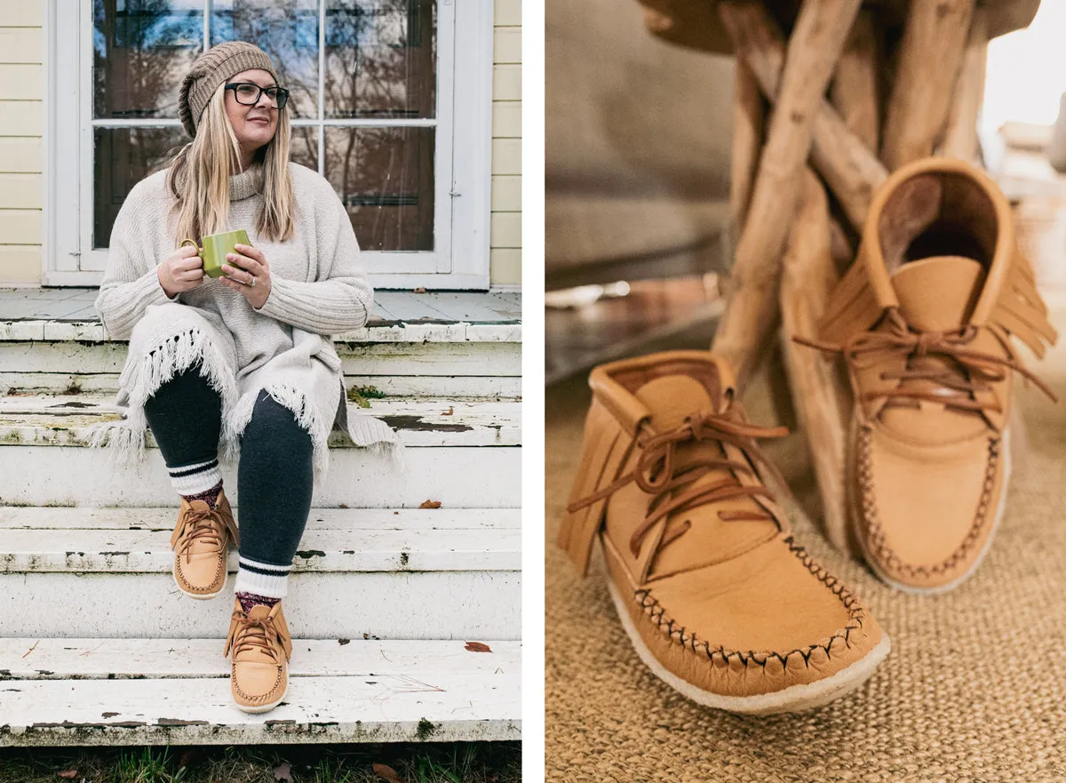 Women's Fringed Earthing Moccasin Boots with Copper Rivet Ankle Crepe Sole